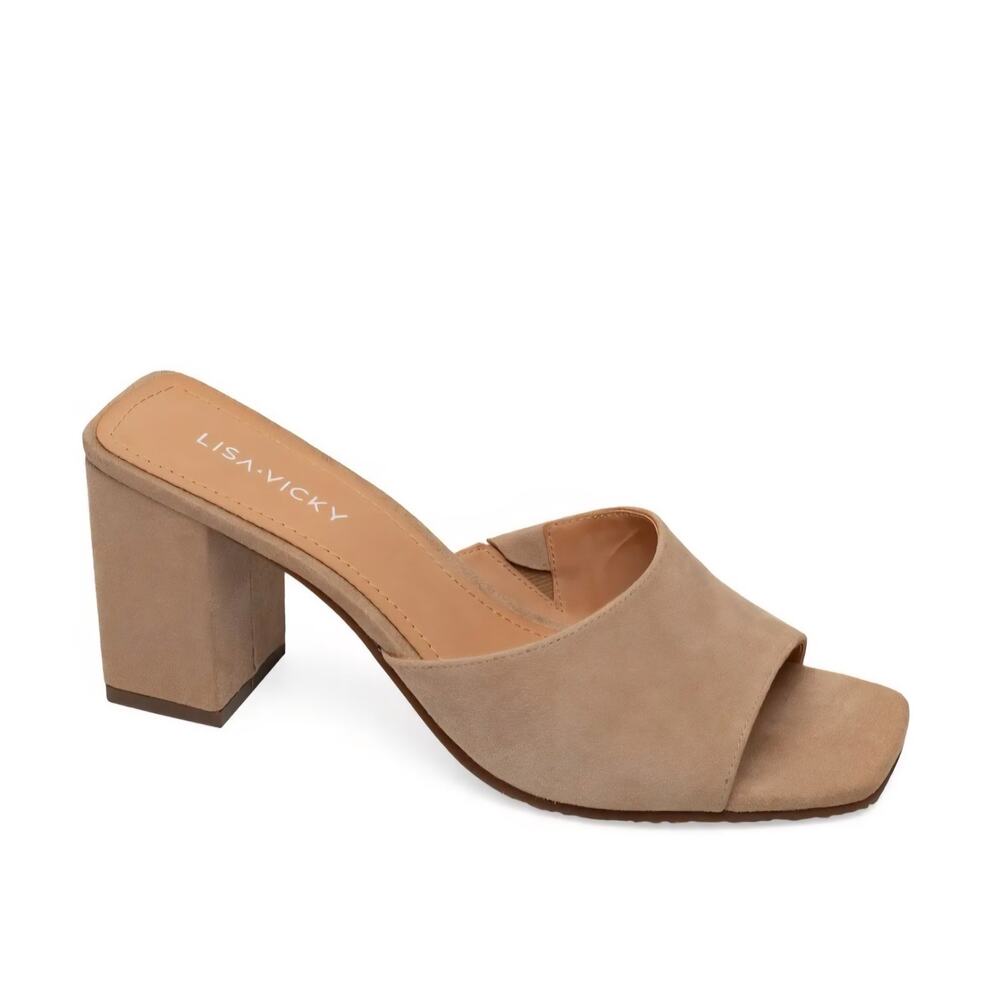 NIB Lisa Vicky Vital V Suede Slide Sandal Block Heels Slip-On Tan Womens Sz 7.5